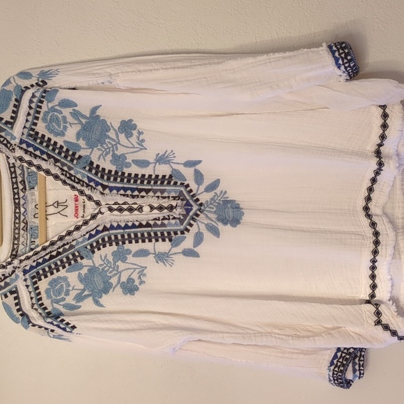 Johnny Was White & Blue Bohemian Gauze Oversized Embroidered Beachy Tunic XS - Picture 4 of 8